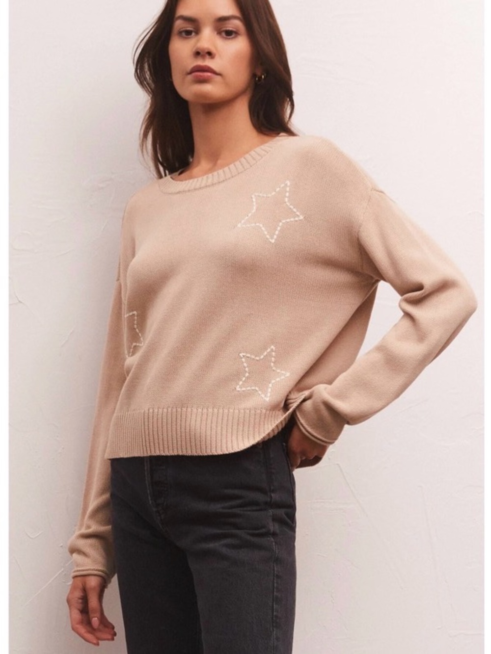 Z Supply Sienna Open Star Crewneck Sweater, Color Birch, Size M